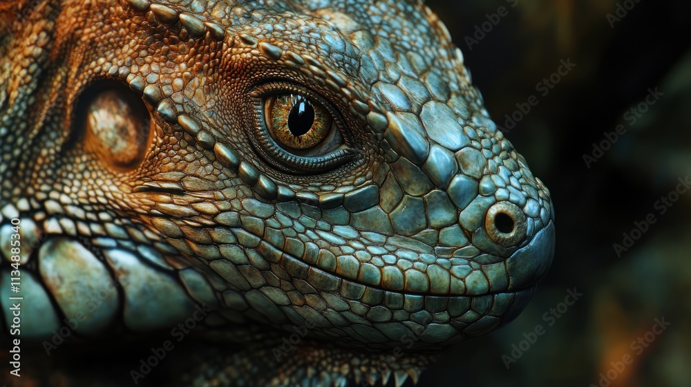 Close-up of iguana's head, showcasing scales and eye. Close-up of iguana's head, showcasing scales and eye.