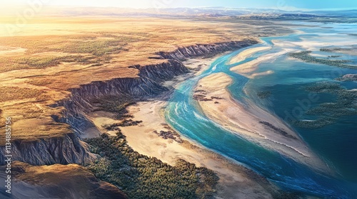 Aerial view of a desert coast showcasing the natural confluence of a river meeting the ocean against a tranquil landscape backdrop photo