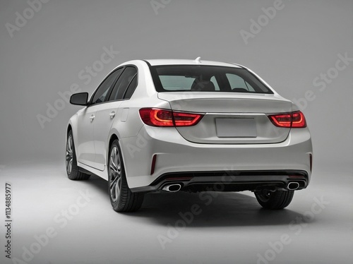 A minimalist photo of a modern sedan taken from a 45-degree angle behind the car, showing both the rear and one side.