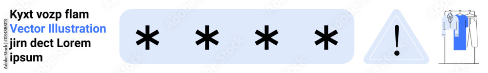 Obraz premium Password protection area displaying asterisks, an exclamation warning triangle, and a clothing item on a hanger. Ideal for cybersecurity, privacy, caution, warning, online safety, e-commerce digital