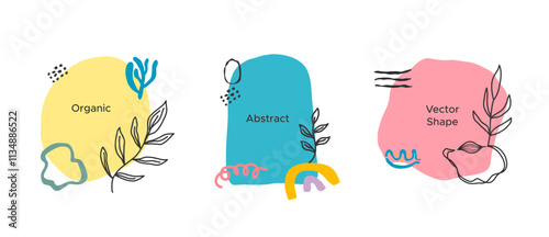 Vector set of minimalistic organic abstract shapes with  and sample text in pastel colors