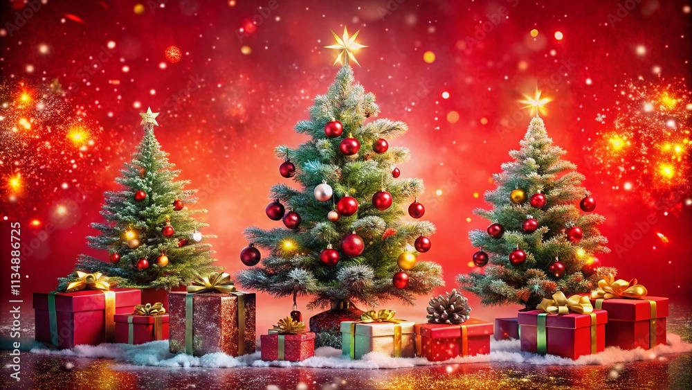 Obraz premium Double Exposure Photography of Christmas Trees with Gifts Creating a Festive Red Background for New Year Holiday Celebrations, Perfect for Winter Greetings and Cards