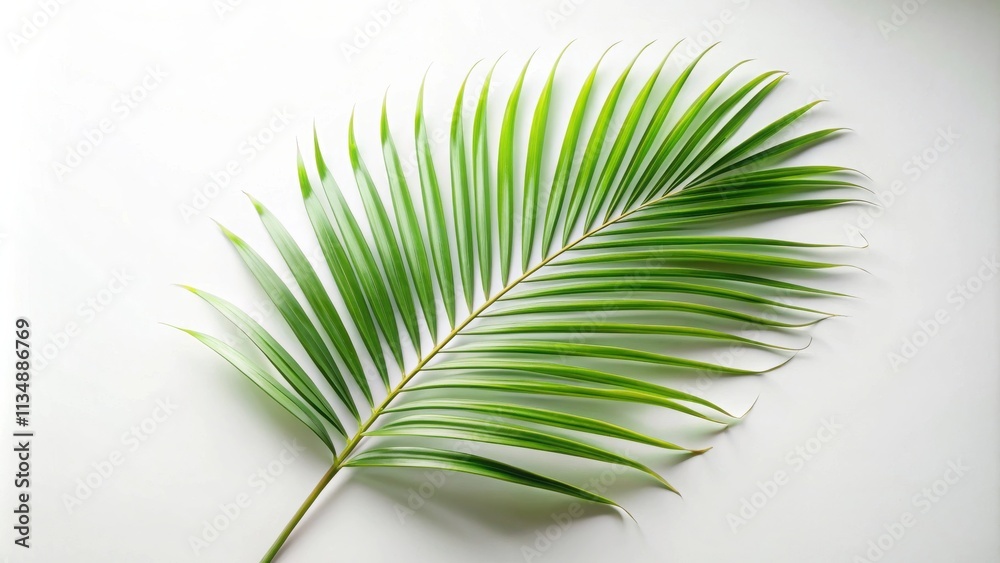 Fototapeta premium A single, vibrant green palm frond extends gracefully across a pristine white background, showcasing its delicate structure and natural beauty.