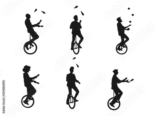 Young man riding unicycle and juggling clubs. Clown mono cyclic, riding mono cycle on a wire above audience. Flat icons for logo, symbol, label, and sticker. Isolated on a white background.