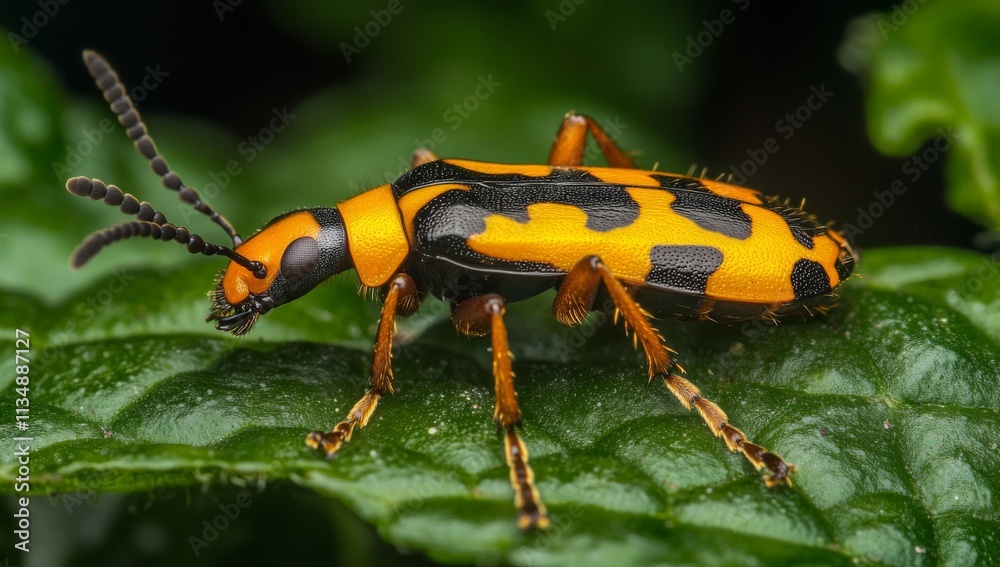 Fototapeta premium Close-up of orange and black beetle on green leaf edge.