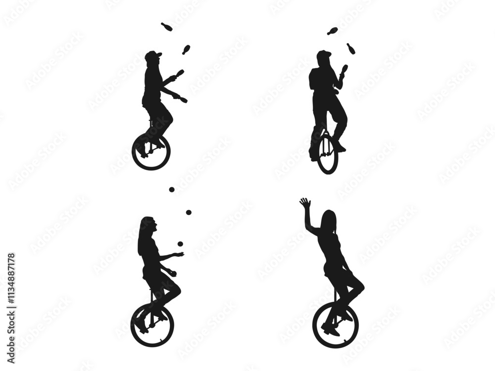 Naklejka premium Young woman riding unicycle and juggling clubs. Clown mono cyclic, riding mono cycle on a wire above audience. Flat icons for logo, symbol, label, and sticker. Isolated on a white background.