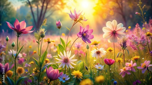 A vibrant field of wildflowers basking in the golden glow of a summer sunset, showcasing a symphony of colors and delicate blooms.