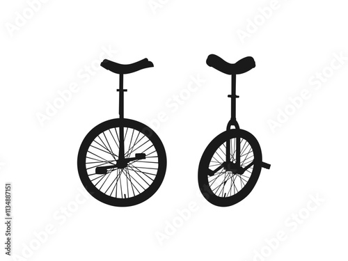 Unicycle Silhouette Icon for Circus and Sports. Cirque unicycle silhouette, Unicycle silhouette, Riding unicycle vectors. Flat icons for logo, symbol, label, and sticker. Isolated on white background.