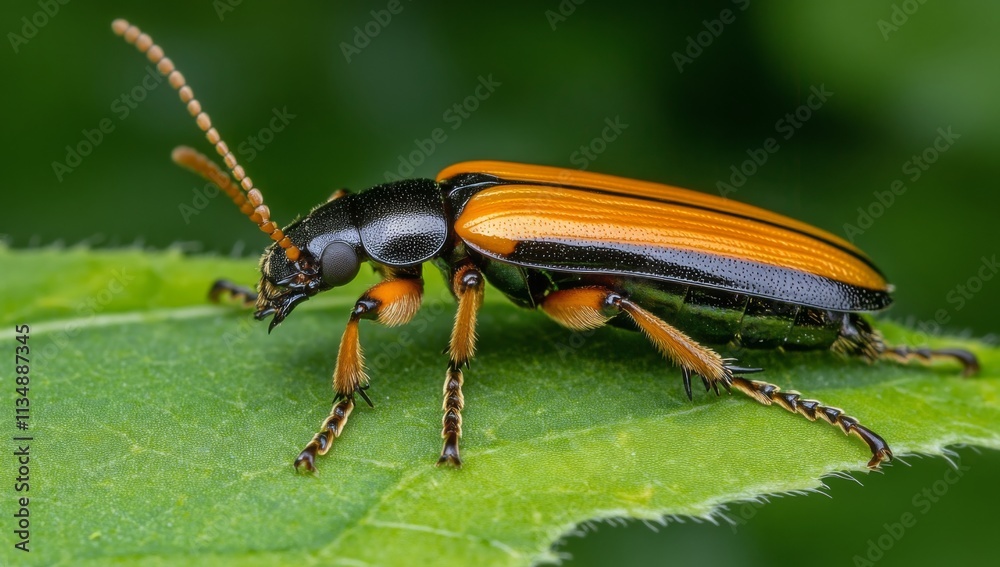 Close-up of orange and black beetle on green leaf edge. Close-up of orange and black beetle on green leaf edge.