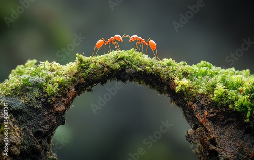 Red ants working together to form a bridge between mosscovered branches photo