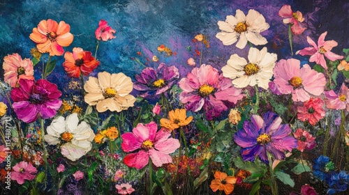 Vibrant cosmos flower garden with rich colors creating a stunning floral landscape against a textured blue background