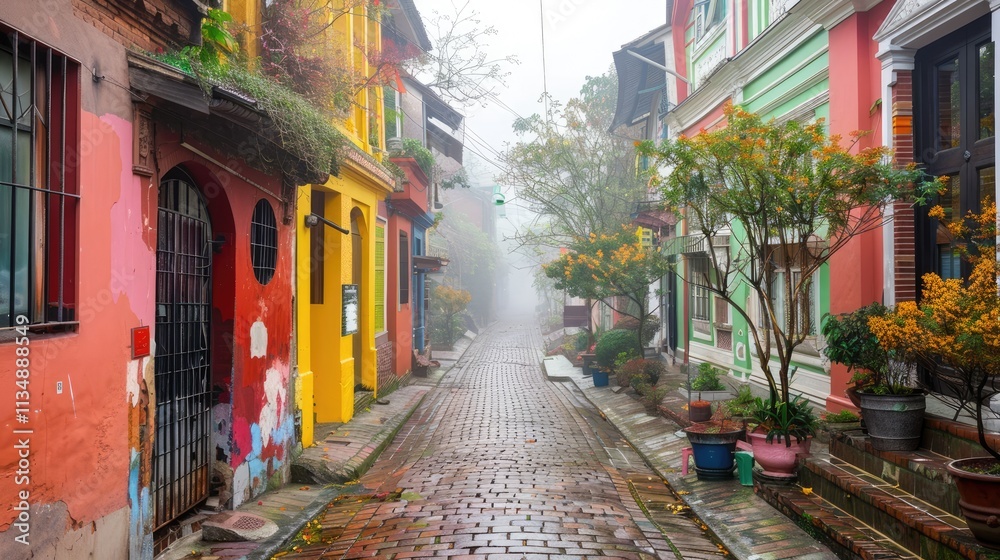 a colorful brick street lined with row houses, misty atmosphere, landscapes, traditional street scenes, colorful woodcarvings, delicate colors. a colorful brick street lined with row houses, misty atmosphere, landscapes, traditional street scenes, colorful woodcarvings, delicate colors.