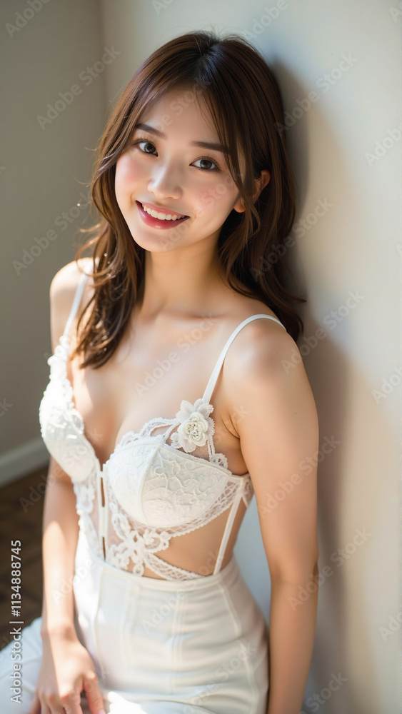 白いレースのトップスを着た女性が、自然光の差し込む室内で壁にもたれかかりながら明るい笑顔を見せる親しみやすいポートレート。 白いレースのトップスを着た女性が、自然光の差し込む室内で壁にもたれかかりながら明るい笑顔を見せる親しみやすいポートレート。
