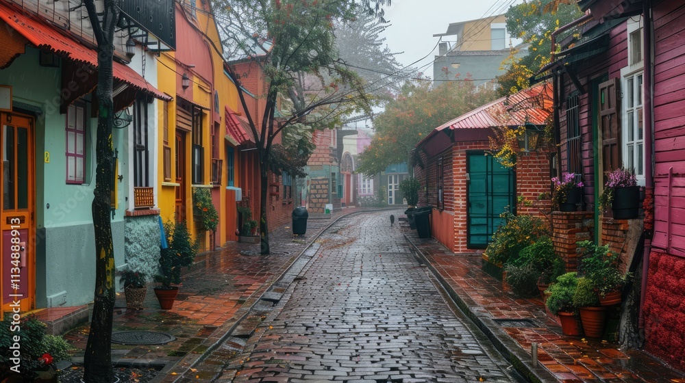 Fototapeta premium a colorful brick street lined with row houses, misty atmosphere, landscapes, traditional street scenes, colorful woodcarvings, delicate colors.