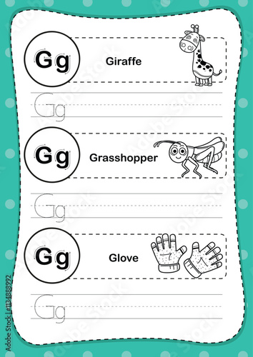 Alphabet letter G exercise with cartoon vocabulary for coloring book illustration, vector