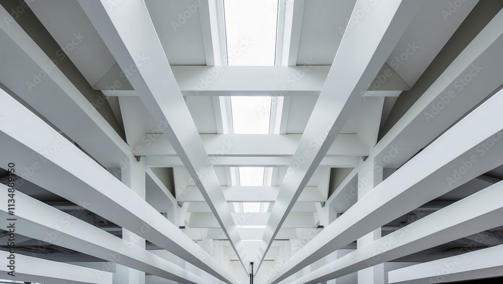 Obraz premium Modern architectural ceiling with intersecting white beams and skylights that creates a bright and spacious atmosphere, enhancing contemporary interior design.