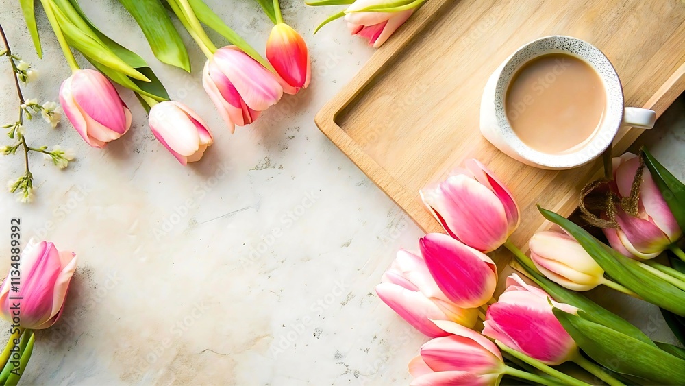 Beautiful composition spring flowers. Bouquet of bunch of flowers pink tulips flowers on pastel green background. Flat lay, top view, copy space. Beautiful composition spring flowers. Bouquet of bunch of flowers pink tulips flowers on pastel green background. Flat lay, top view, copy space.