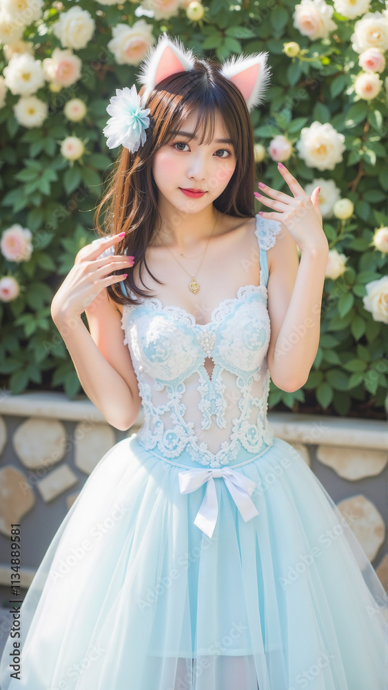 淡いブルーとホワイトのフラワーモチーフドレスを着た女性が、猫耳ヘッドアクセサリーと花柄の背景の中で可愛らしいポーズを取り、フェミニンで幻想的な雰囲気を演出する魅力的なポートレート。 淡いブルーとホワイトのフラワーモチーフドレスを着た女性が、猫耳ヘッドアクセサリーと花柄の背景の中で可愛らしいポーズを取り、フェミニンで幻想的な雰囲気を演出する魅力的なポートレート。