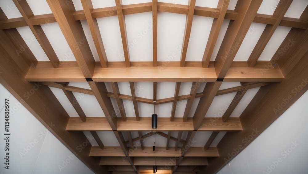 Fototapeta premium Modern wooden ceiling design showcasing intricate beams and patterns, illuminated by minimalistic hanging lights, creating a serene atmosphere.