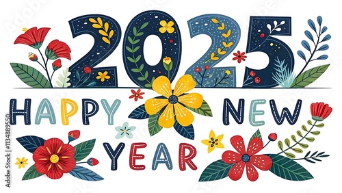 A vibrant and colorful digital illustration featuring the text '2025 HAPPY NEW YEAR' 