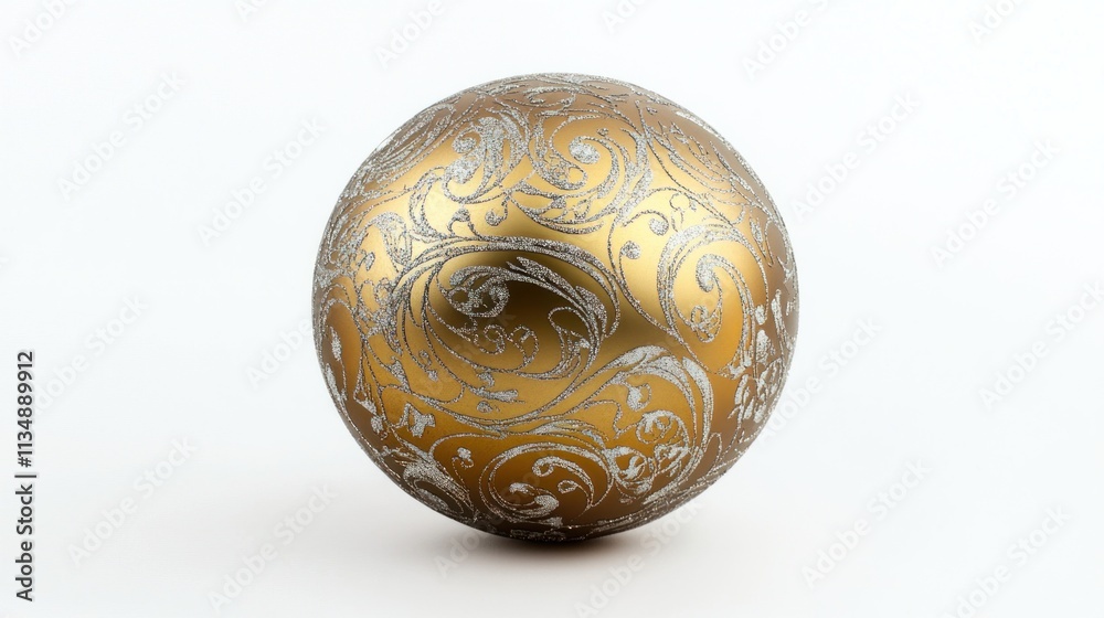 Golden Christmas ball with embossed patterns, silver glitter highlights, and a shiny surface, isolated against a white background. Golden Christmas ball with embossed patterns, silver glitter highlights, and a shiny surface, isolated against a white background.