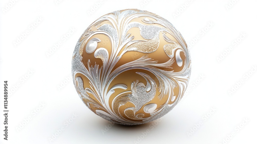Golden Christmas ball with embossed patterns, silver glitter highlights, and a shiny surface, isolated against a white background. Golden Christmas ball with embossed patterns, silver glitter highlights, and a shiny surface, isolated against a white background.
