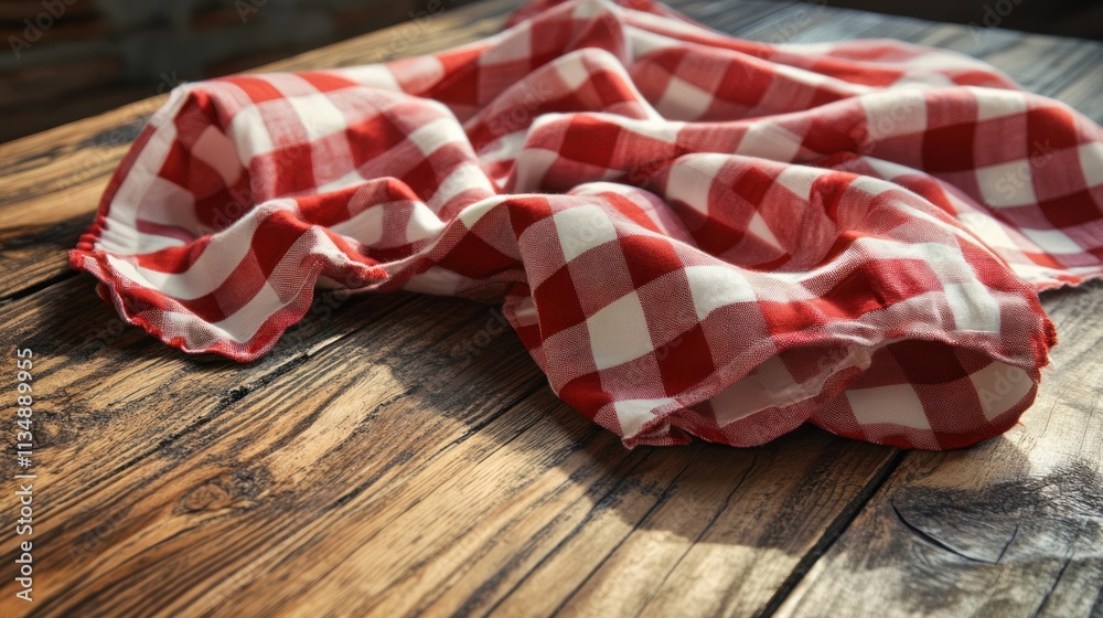 Red checkered cloth on wooden table. Red checkered cloth on wooden table.