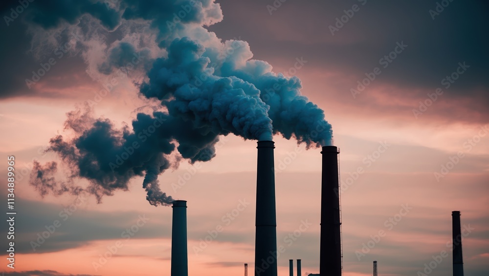 Industrial smokestacks emitting dark smoke against a vibrant sunset ...