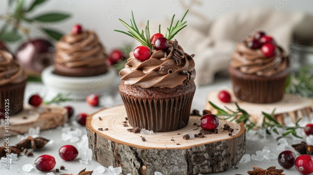 a cupcake with chocolate frosting and cranberries a cupcake with chocolate frosting and cranberries
