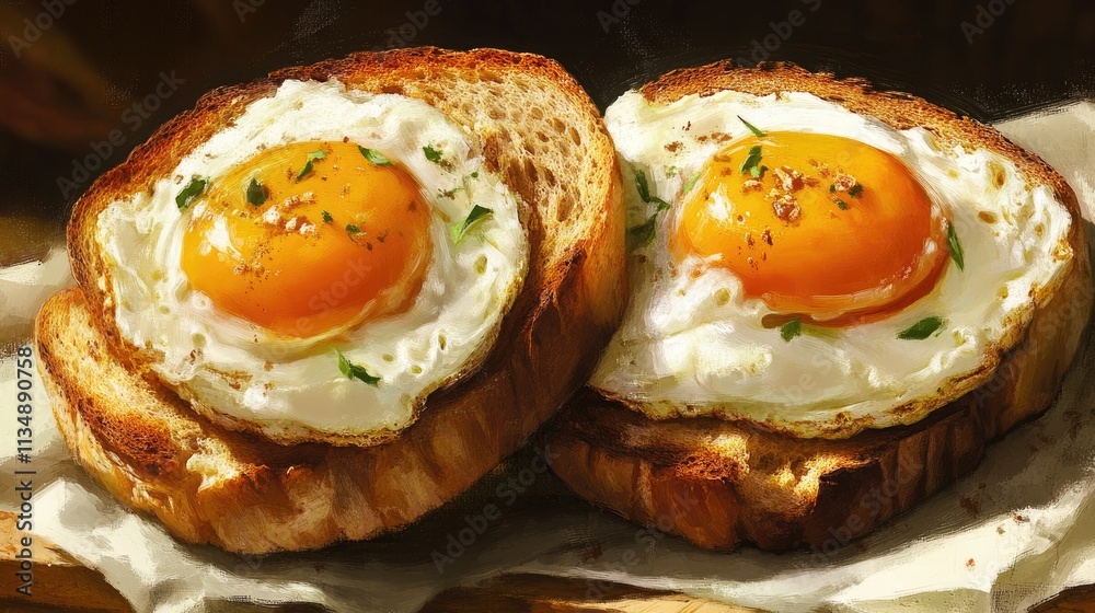 Fried eggs on toasted bread with herbs and seasoning served on a rustic wooden board ideal for breakfast or brunch photography.
