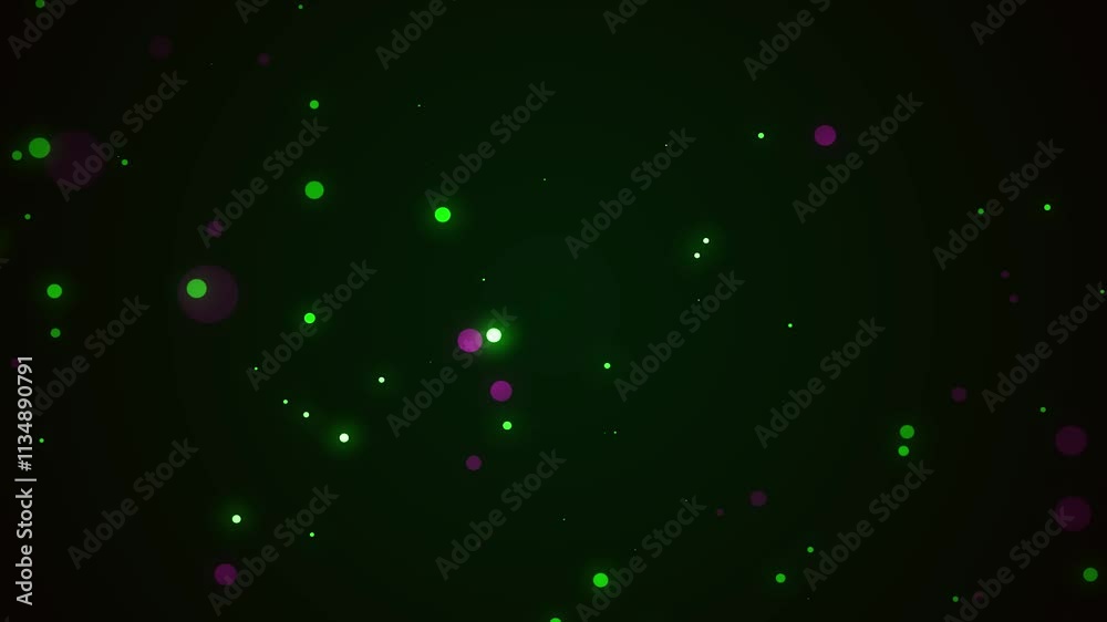 Particles moving randomly in green and purple colors on a dark green background. Particles moving randomly in green and purple colors on a dark green background.