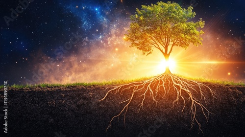 Tree of life emerging from earth symbolizing green technology and sustainability in a cosmic landscape with vibrant roots and starry background