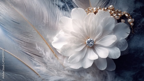 Diamond in white flower on feathers.