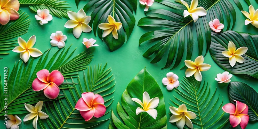 Fototapeta premium Tropical Floral Composition Vibrant Plumeria Blooms and Lush Palm Leaves on a Lush Green Background