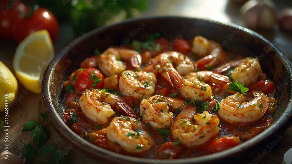 Delicious shrimp dish recipe coastal kitchen food photography warm environment close-up view culinary art
