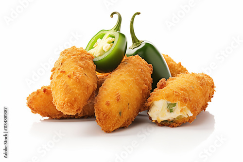 Freshly cooked and perfectly fried jalapeno poppers displayed on a white background, highlighting their crispy golden texture and deliciously appetizing appearance, for photography and culinary themes