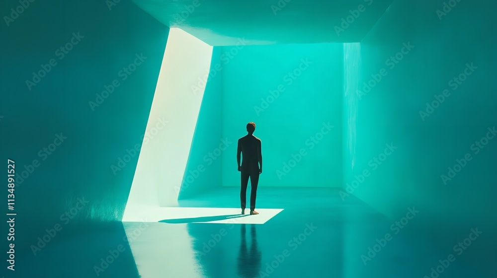 A Geometric Figure Stands Confidently in a Vibrant Turquoise

