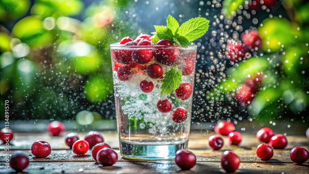 A refreshing summer beverage with cranberries and mint leaves, surrounded by water droplets and a blurred green background. A refreshing summer beverage with cranberries and mint leaves, surrounded by water droplets and a blurred green background.