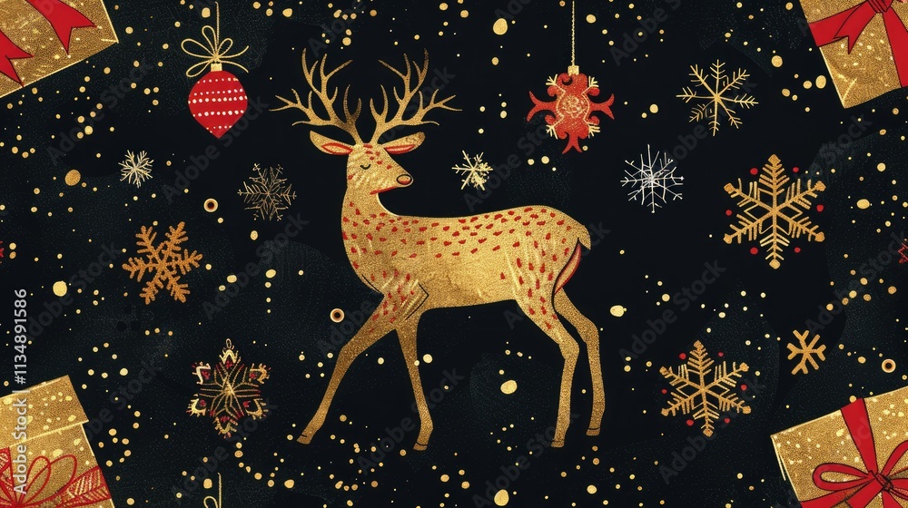 A horizontal gold deer and Christmas present pattern A horizontal gold deer and Christmas present pattern