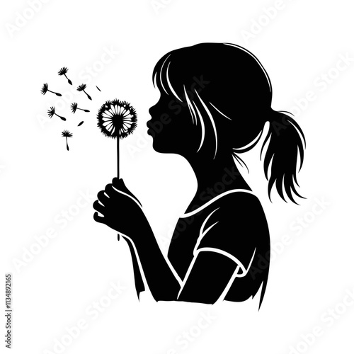Silhouette of a girl blowing dandelion seeds in a whimsical and serene pose