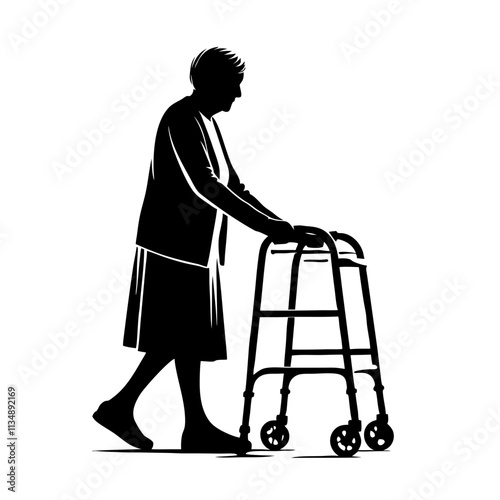Silhouette of an elderly woman using a walker while walking in a careful and steady manner