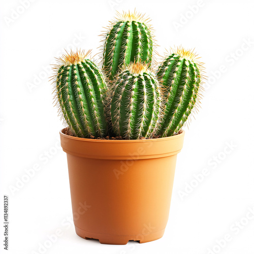 A natural potted cactus isolated in white background, ideal for botanical art or minimalist home decor