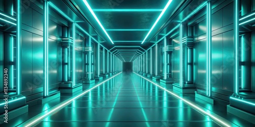 Teal neon corridor with futuristic , futuristic, technology, vibrant, glowing, neon lights, corridor, architecture