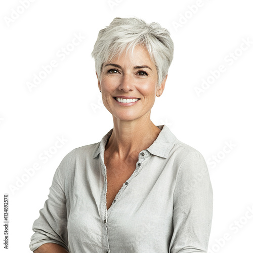Confident middle-aged woman smiling warmly, isolated on transparent cutout background
