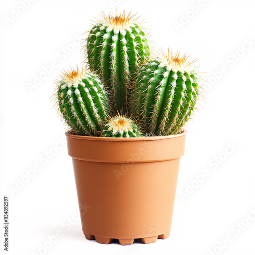 Isolated green cactus in a simple clay pot, suitable for nature-themed designs