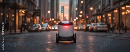 A delivery robot navigating through a city street to drop off a package. photo