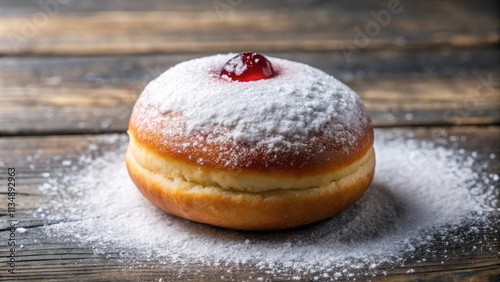 Freshly baked jelly donut with powdered sugar sprinkled on top, dessert, pastry, sweet, delicious, bakery photo