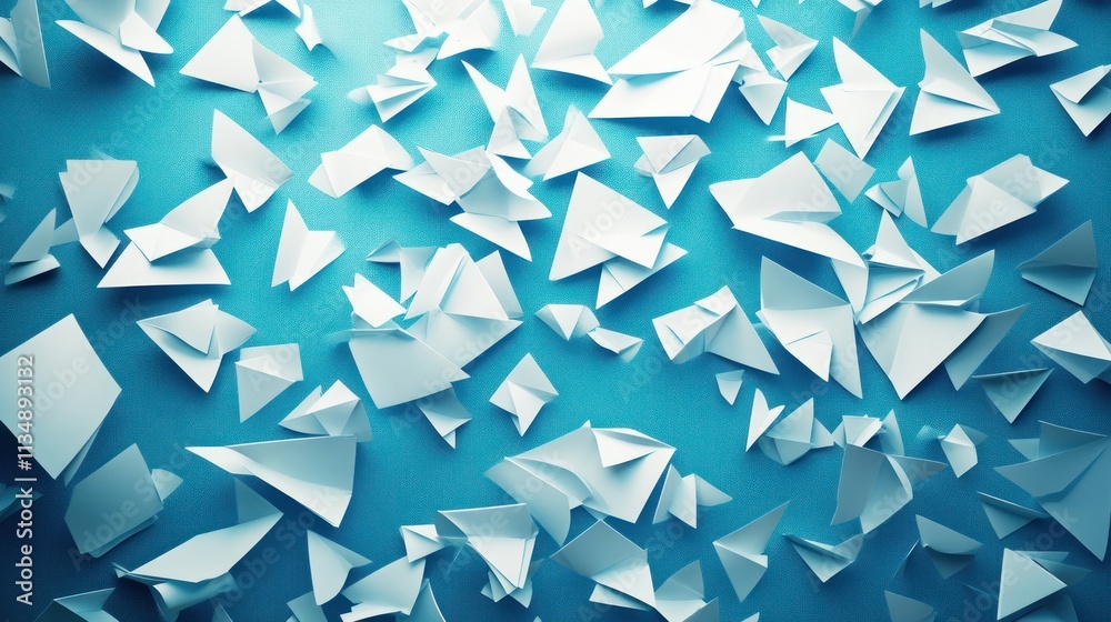 Abstract background with scattered white geometric shapes on blue. Abstract background with scattered white geometric shapes on blue.
