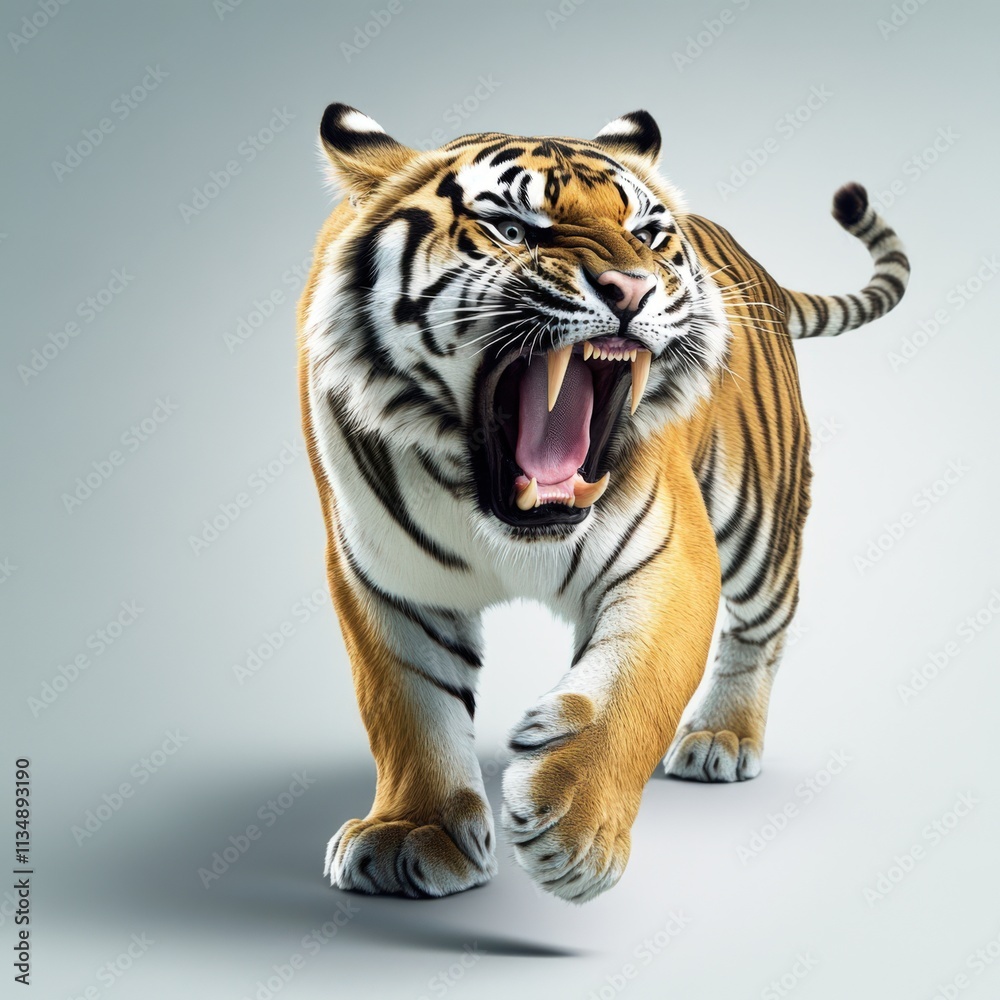 Fototapeta premium A powerful tiger roaring fiercely, showcasing its majestic features and vibrant stripes in a dramatic pose.
