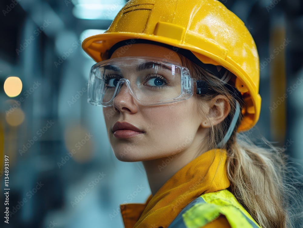 Female Engineer Safety Glasses Hard Hat Industrial Construction Site Portrait Female Engineer Safety Glasses Hard Hat Industrial Construction Site Portrait